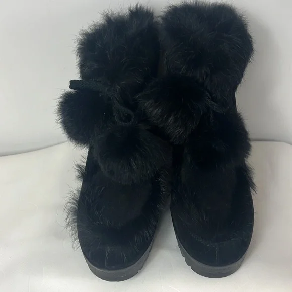 Coach Kataya Wedge Ankle Boots Booties in Black Suede with Black Rabbit Fur Trim - Picture 4 of 17